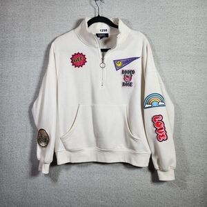 Vinyl Icons Cream Womens S Half Zip Sweatshirt With Decrotive Patches